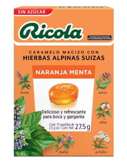 Caramelo Ricola Naranja-Menta Sin Azúcar 11 Pastillas
