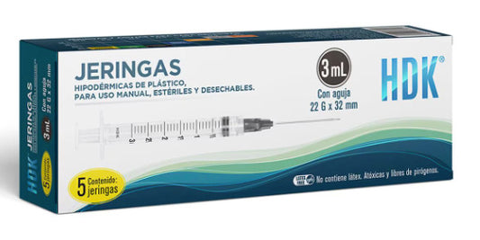 Jeringa Desechable HDK 3Ml Hipodérmica 22X32Mm 5 Piezas