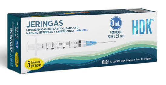 Jeringa Desechable HDK 3Ml Hipodérmica 23X25Mm 5 Piezas